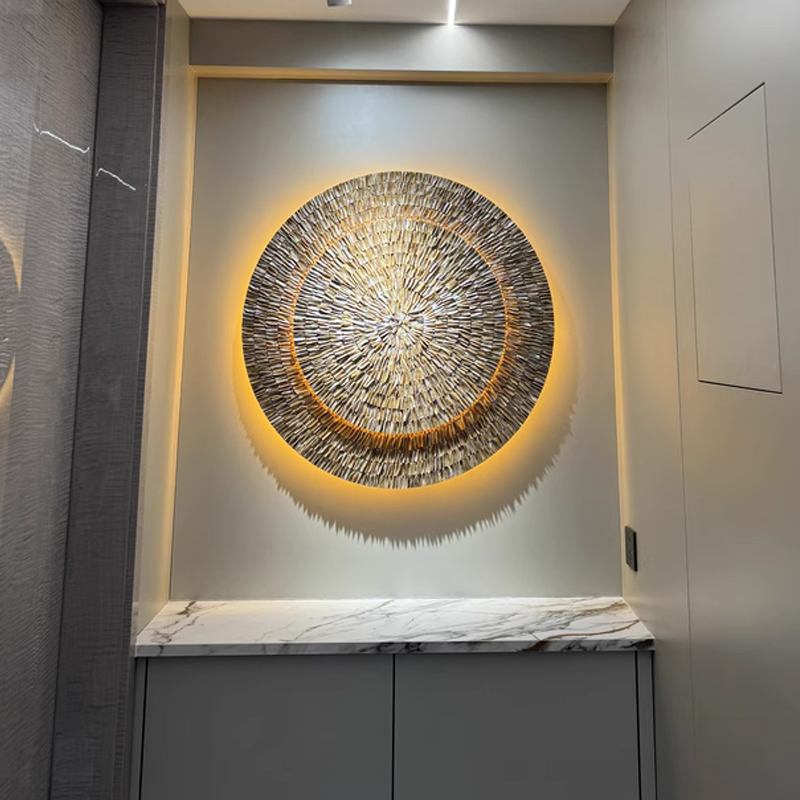 灯光装饰画手工贝壳挂画立体高档入户玄关走廊尽头客厅沙发壁画图片