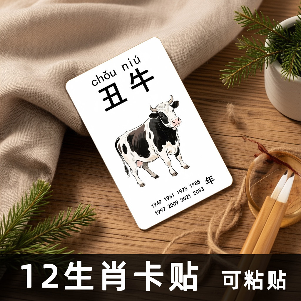 全套12张生肖拼音学习卡贴