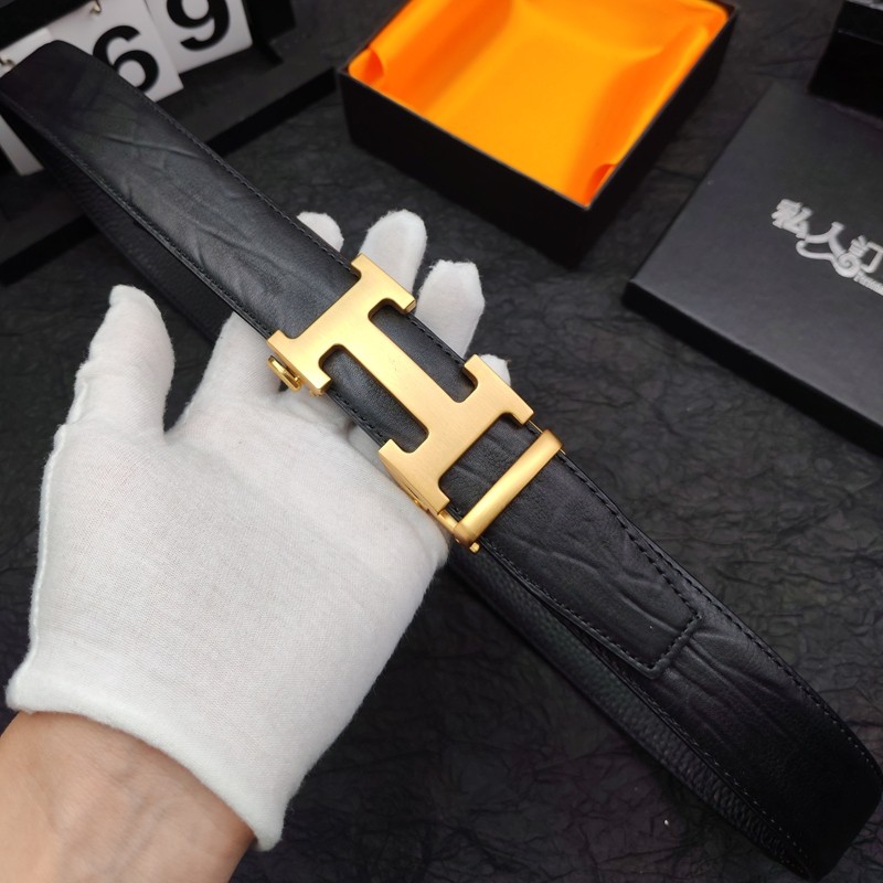 头层牛皮男士自动扣皮带H扣H家压花腰带真皮百搭大牌高档网红裤带
