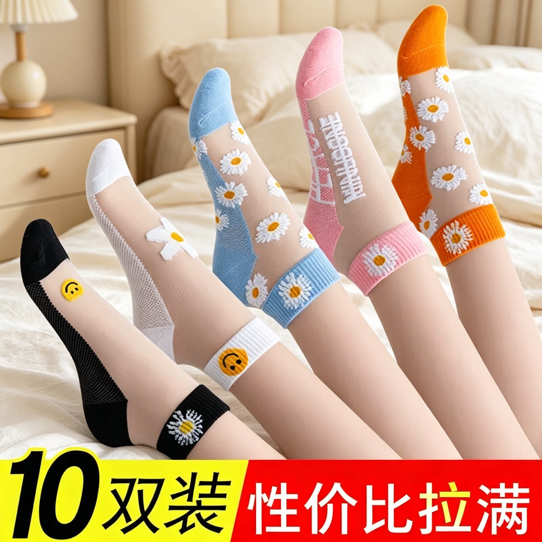 小雏菊玻璃丝船袜10双装女夏季薄款冰丝防勾丝防滑水晶百搭短袜
