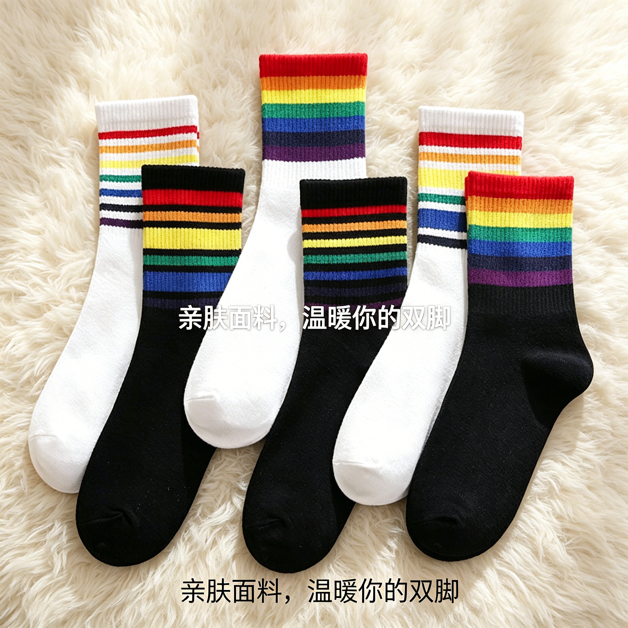 韩潮条纹袜子女春夏季纯棉中筒外穿运动黑白彩虹糖果色可爱长袜