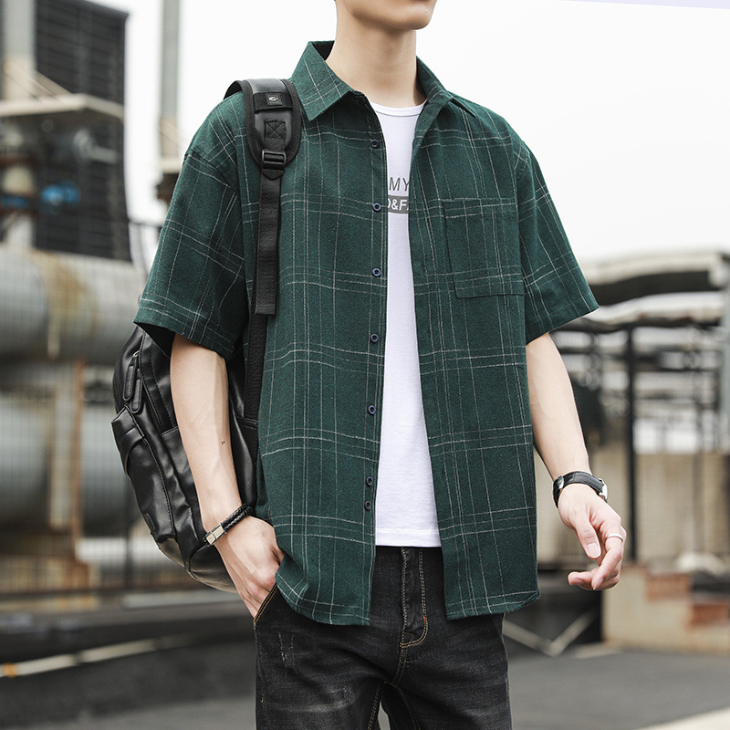 男士长袖夏季新款衬衫日常宽松正装休闲半袖西装衬衣短袖格子穿搭