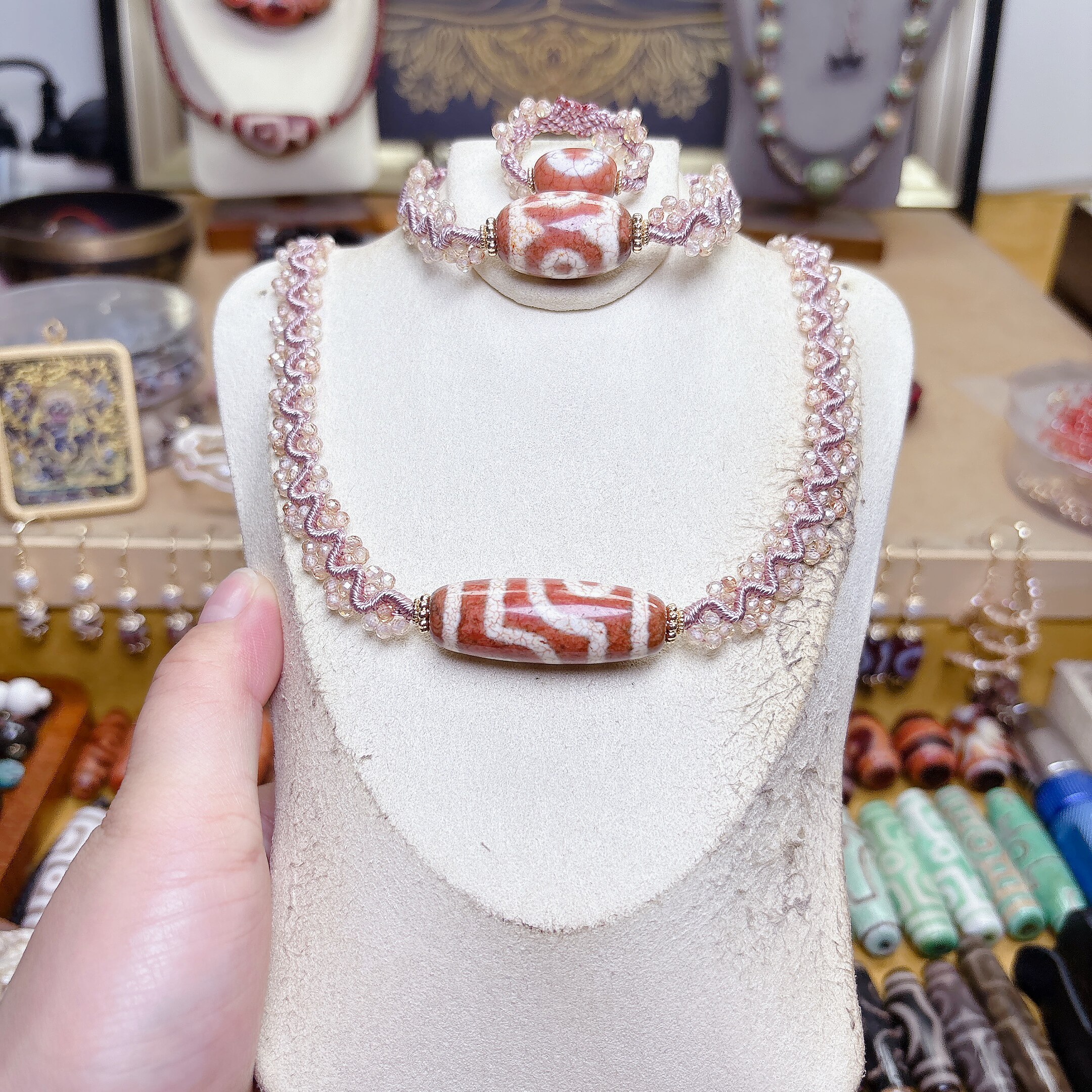 绝版台一代顶料小粉珠二眼三眼精编梦境戒指手链项链三件套