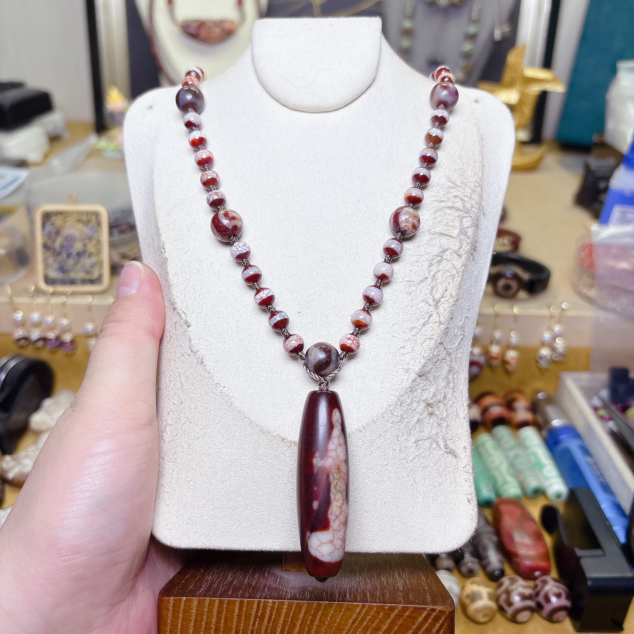 台湾老宝源心形宝瓶观音搭配药师珠虎牙大鹏鸟贵人天珠多宝项链