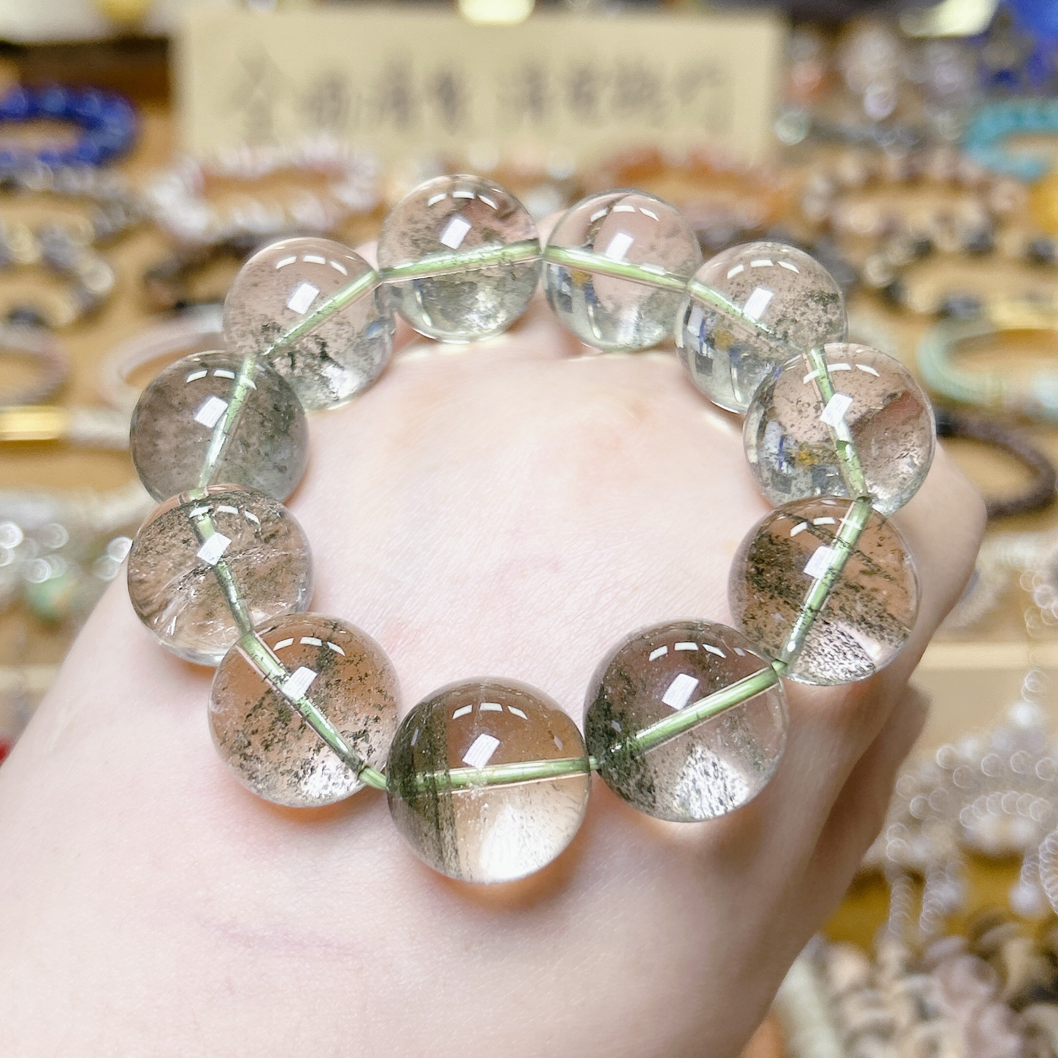 巴西老矿料绿幽灵水晶手串全净体大颗粒17MM加手链