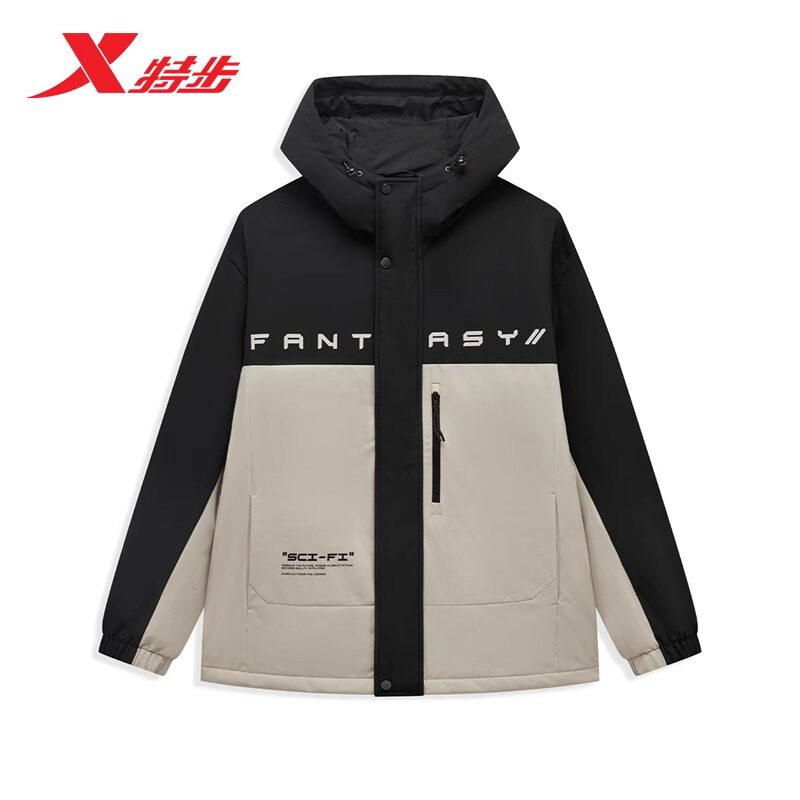 特步薄棉服外套男2024冬季新款宽松保暖梭织连帽上衣棉衣夹克男款