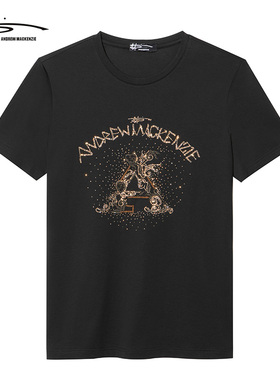 ANDREW MACKENZIE意大利2023夏季新款胸口烫钻圆领男士短袖T恤