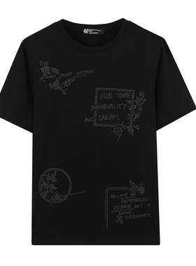 ANDREW MACKENZIE意大利男装夏季潮流烫钻时尚圆领短袖T恤 黑色