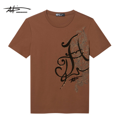 ANDREW MACKENZIE意大利2023夏季新款胸口串珠圆领男士短袖T恤