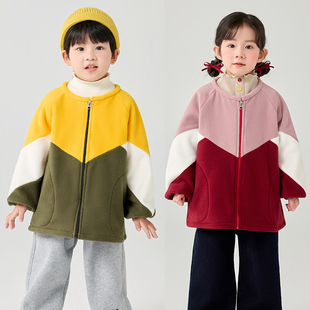 秋冬撞色摇粒绒男女童罩衣时尚保暖洋气外穿防脏宝宝百搭罩衫围兜