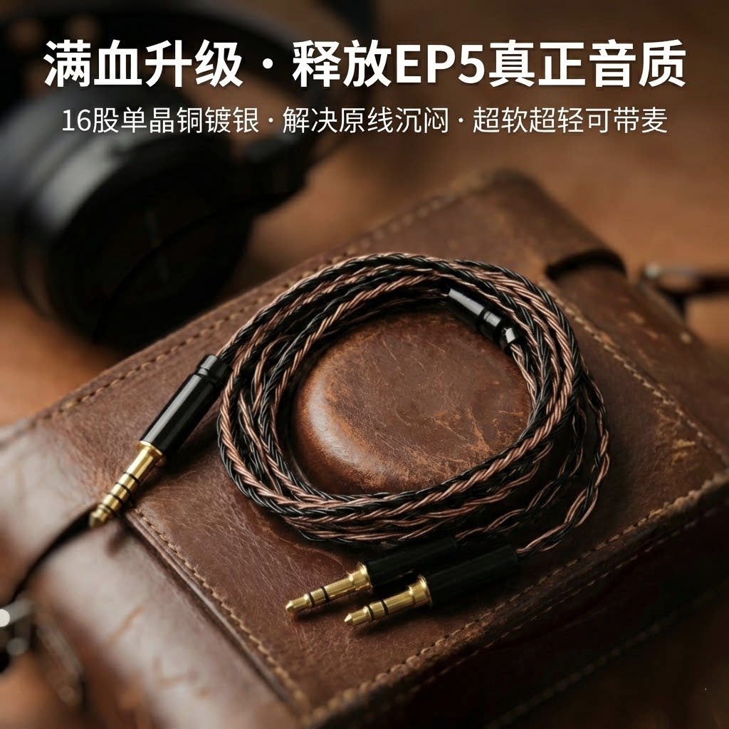 适配兴戈EP5耳机升级线带麦16股单晶铜镀银4.4平衡线软线黑棕混色图片