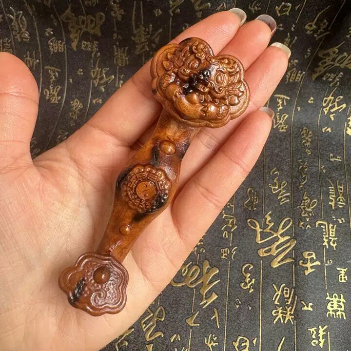 天然百年雷击枣木手把件如意赵公明道家法器摆件随身事事如意木雕