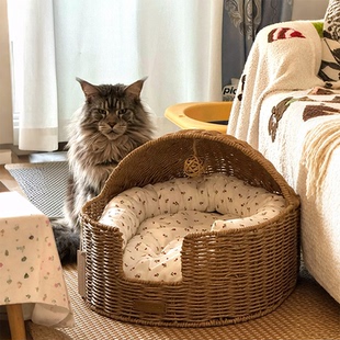 猫窝藤编四季通用宠物圆形猫屋猫抓板安全感编织筐子夏季凉席狗窝