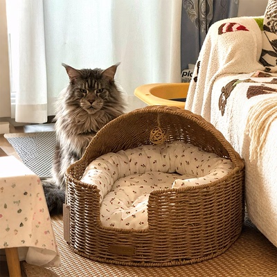 猫窝藤编四季通用宠物圆形猫屋猫抓板安全感编织筐子夏季凉席狗窝