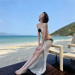 比基尼立体玫瑰花泳衣度假风网眼裙三件套性感纯欲泡温泉沙滩泳装