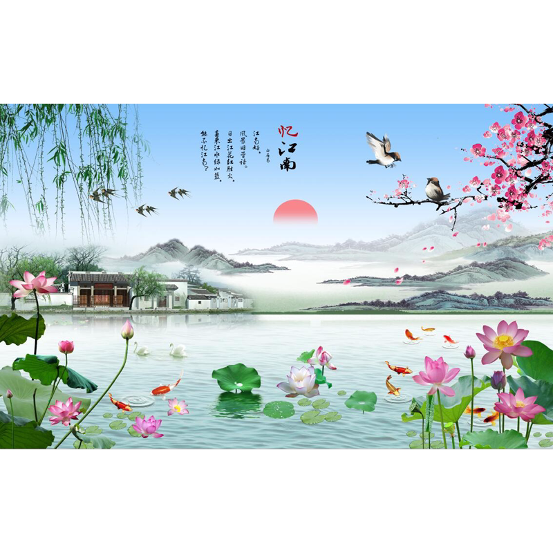 壁画艺舍立体壁画荷花江南风景画