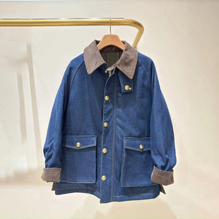 2025秋冬新款 法单小众 中性POLO领牛仔大口袋加厚金属扣宽松外套