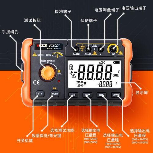 VC60B＋绝缘电阻测试仪VC60D+ 兆欧表 数字摇表 250V 500V 1000V