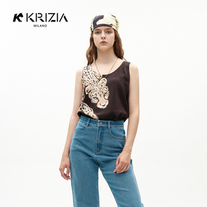 K KRIZIA夏季新品豹纹真丝背心女马甲外穿上衣