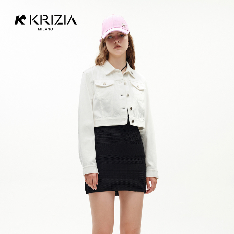 K KRIZIA夏季新品白色丹宁短款牛仔外套女紧身时尚