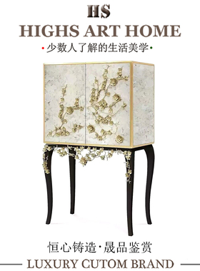 奢华艺术立体铜花酒柜设计师款实木简约餐边柜豪宅家用高级装饰柜