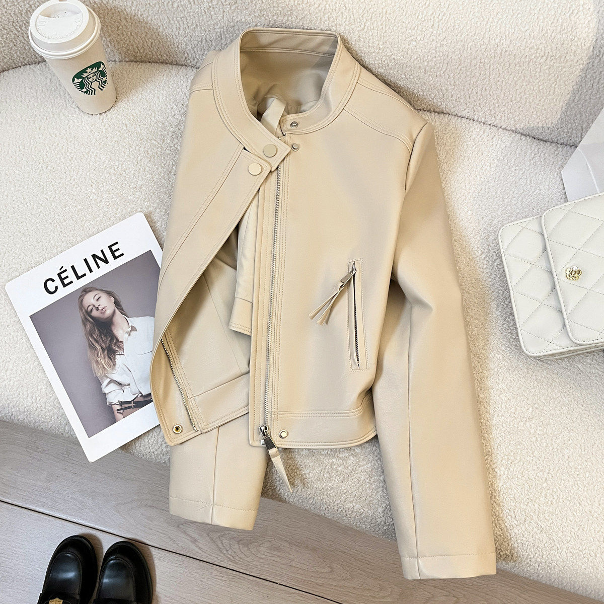 米色短款小个子皮衣外套女2025新款秋季爆款时尚pu夹克高级感机车