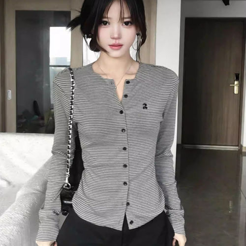 修身黑灰条纹薄款小开衫