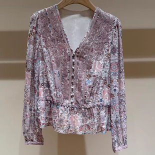 女VSX3R2197C 印花拼接蕾丝V领收腰衬衫 花琪维格娜丝26夏季 新款