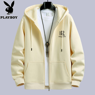 花花公子开衫卫衣男秋冬加绒加厚2025年新款大码休闲运动连帽外套