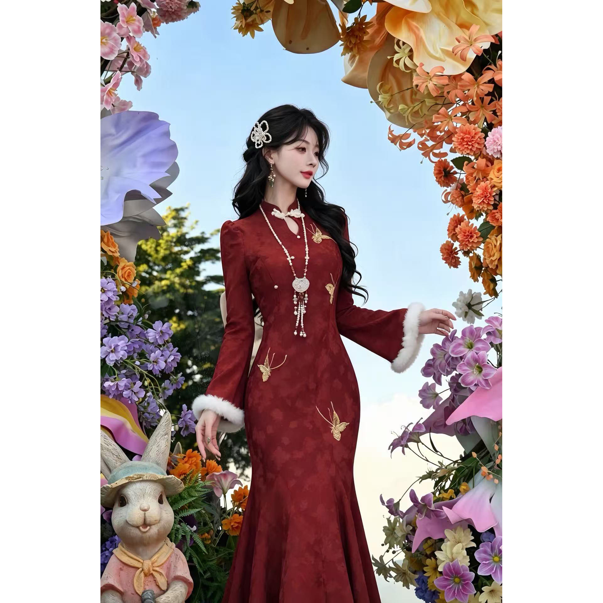 【赤羽玲珑-加绒】潇夫人自制新中式国风改良提花收腰旗袍连衣裙