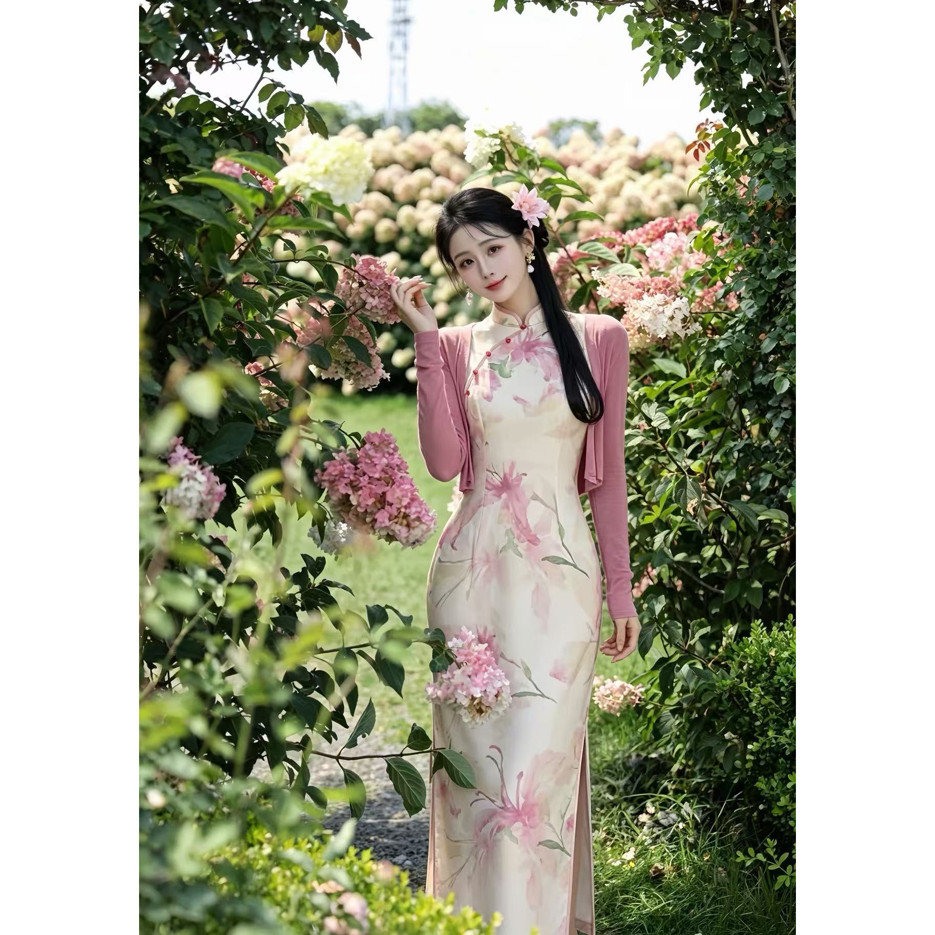 【知百合-加厚单里】潇夫人自制粉色开衫搭配浮雕提花旗袍套装秋