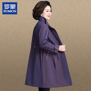 罗蒙品牌洋气妈妈秋装外套2026新款大码中老年女春秋立领风衣长款