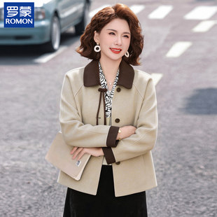 罗蒙洋气妈妈秋装外套中老年女国风翻领毛呢上衣薄款百搭显瘦夹克