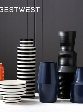 博西家居 黑白色条纹几何直筒陶瓷花瓶摆件家居软装装饰品花器