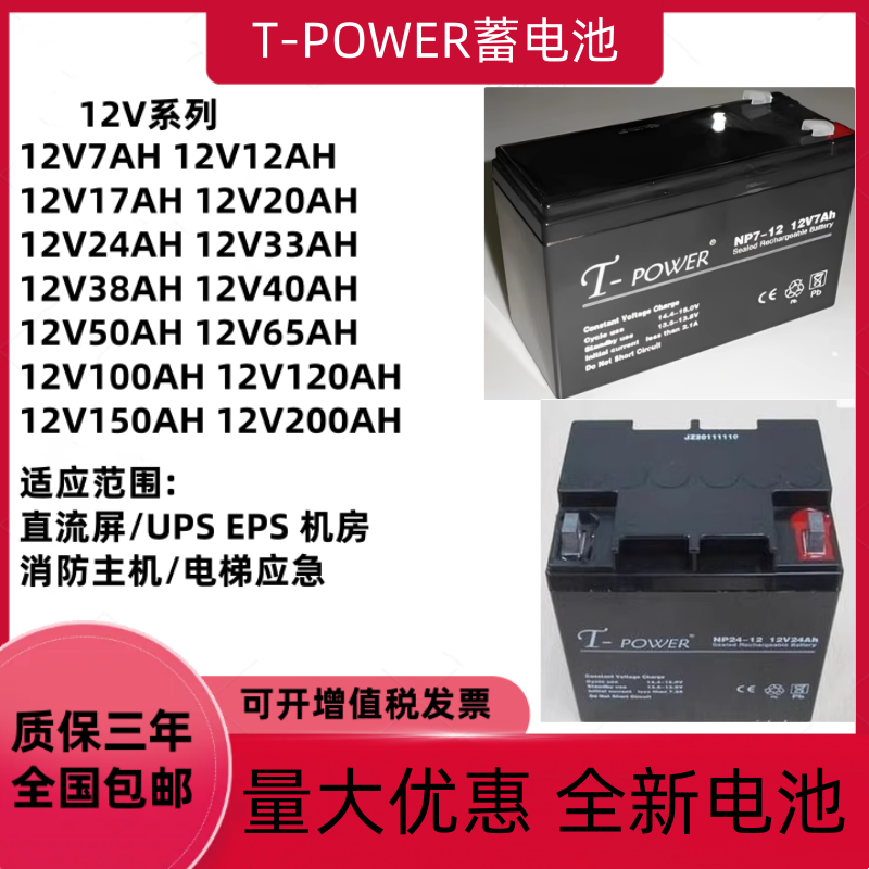 T-POWER耐康蓄电池NP12V7AH24AH40AH65AH100AH直流屏EPSUPS电源