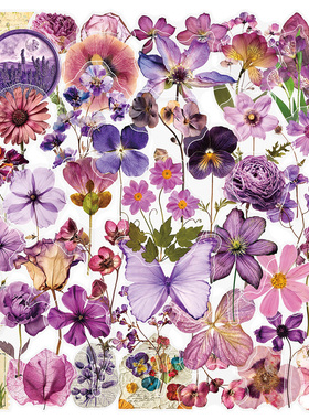 100张小清新紫色压花PET贴纸ins高颜值花卉图案创意手账桌面贴画