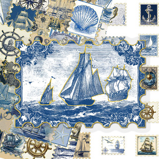 100张复古航海邮票烫金PET贴纸复古精美插画贴画装 饰diy桌面手账