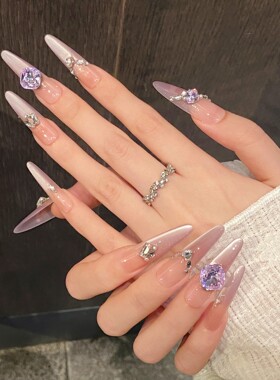 魅甲【云纱黎雾】 轻奢感渐变紫色斜边碎钻猫眼紫色K9手工穿戴甲