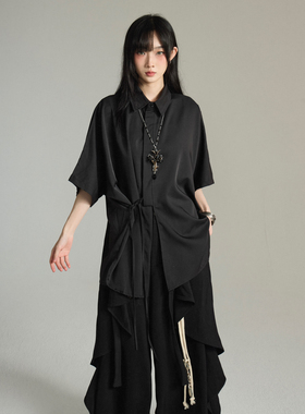 FG721山本风衬衫女日系中性绑带设计感小众衬衣Lemaire风短袖上衣