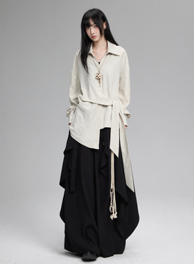 FG721 原创设计感小众衬衫极简无性别穿搭山本耀司风绑带衬衣上衣