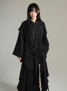 FG721 小众设计感长袖衬衫山本耀司风无性别假两件绑带衬衣外套夏