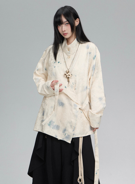 FG721 秋冬新款山本耀司风上衣女新中式扎染道袍绑带长袖衬衫外套