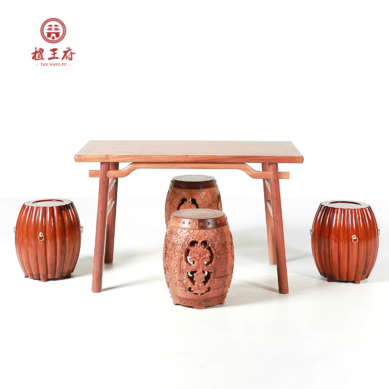 仙作红木明式大果紫檀乐天桌配圆鼓凳经典复刻款桌凳组合六件套