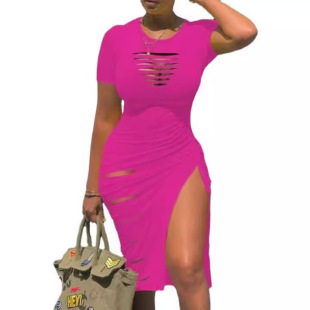 neck slit hollowed side dress圆领镂空侧开叉连衣裙 out Round