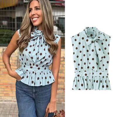 印花圆领无袖衬衫上衣 Printed round neck sleeveless shirt top
