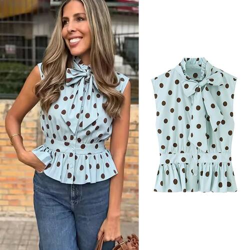 印花圆领无袖衬衫上衣 Printed round neck sleeveless shirt top