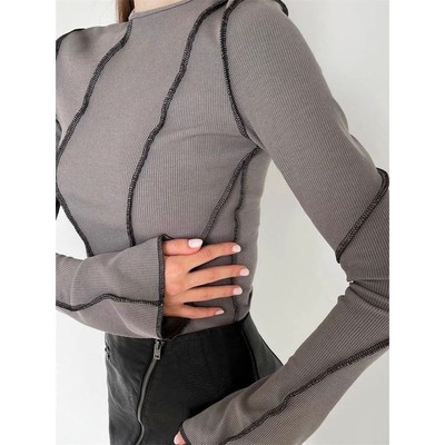 Round neck spliced flared sleeve top women圆领拼接喇叭袖上衣