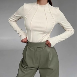 color long sleeved Round 圆领纯色拼接长袖 solid top 上衣 neck