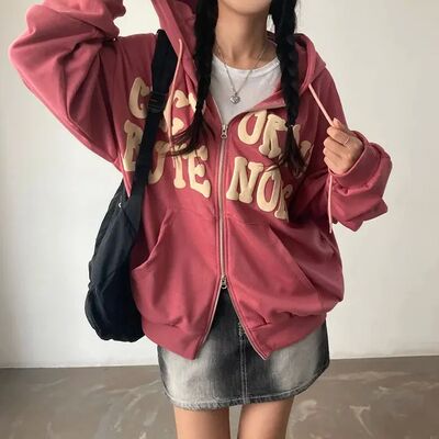 字母印花加绒连帽卫衣女 Letter printed fleece hooded cardigan