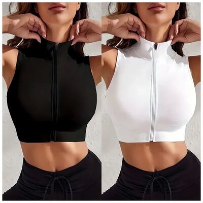 纯色高领无袖上衣 Solid color high neck sleeveless  short top